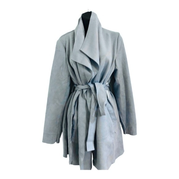 Haute monde Blue faux suede oversized shawl collar belted trench coat size Large - Picture 14 of 16